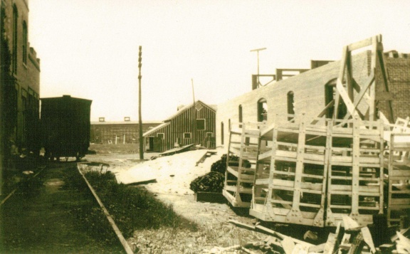  Looking out from the Stevens Point Brewery with the Brew house on the left and the bottle house on the right, circa 1921.  